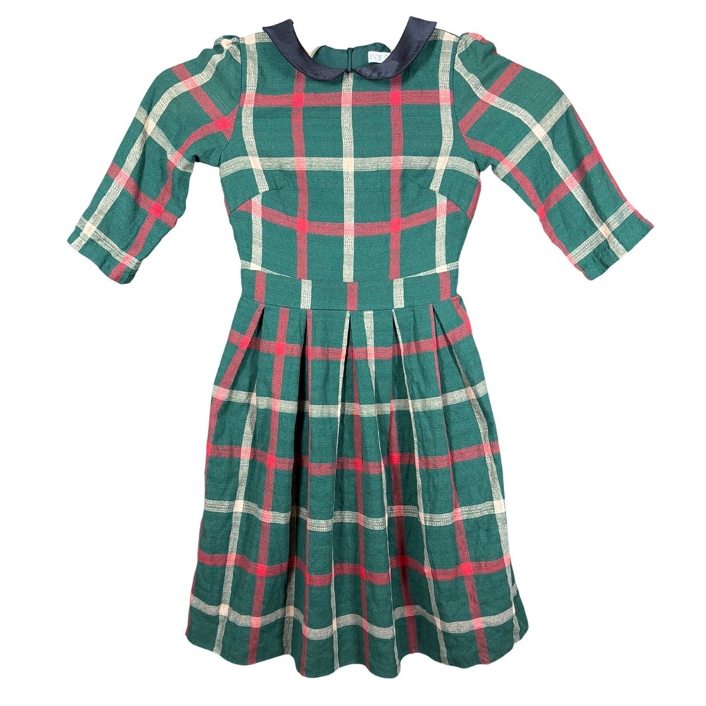 Ivy City Co Dress Womens M Plaid Green Fit & Flare Peter Pan Collar Holiday